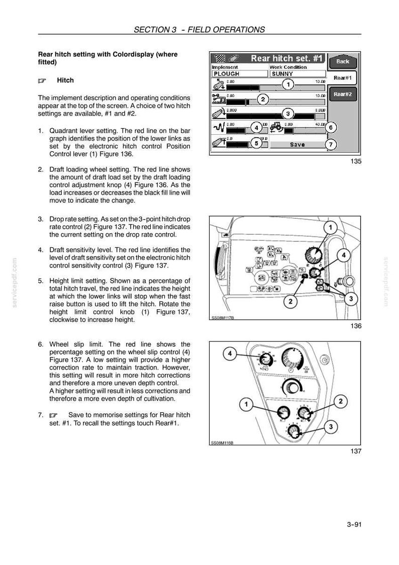May include: A technical manual page titled Section 3 - Field Operations, featuring a digital display interface labeled Rear hitch set #1, alongside two detailed line drawings of control panels with numbered dials and buttons for tractor hitch settings.