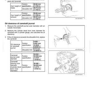 May include: Diagram of engine valve drive and gears, with measurements in inches. Includes specifications for cam height, oil clearance, and camshaft journal outer diameter. Illustrations show measurement procedures using micrometers and gauges.