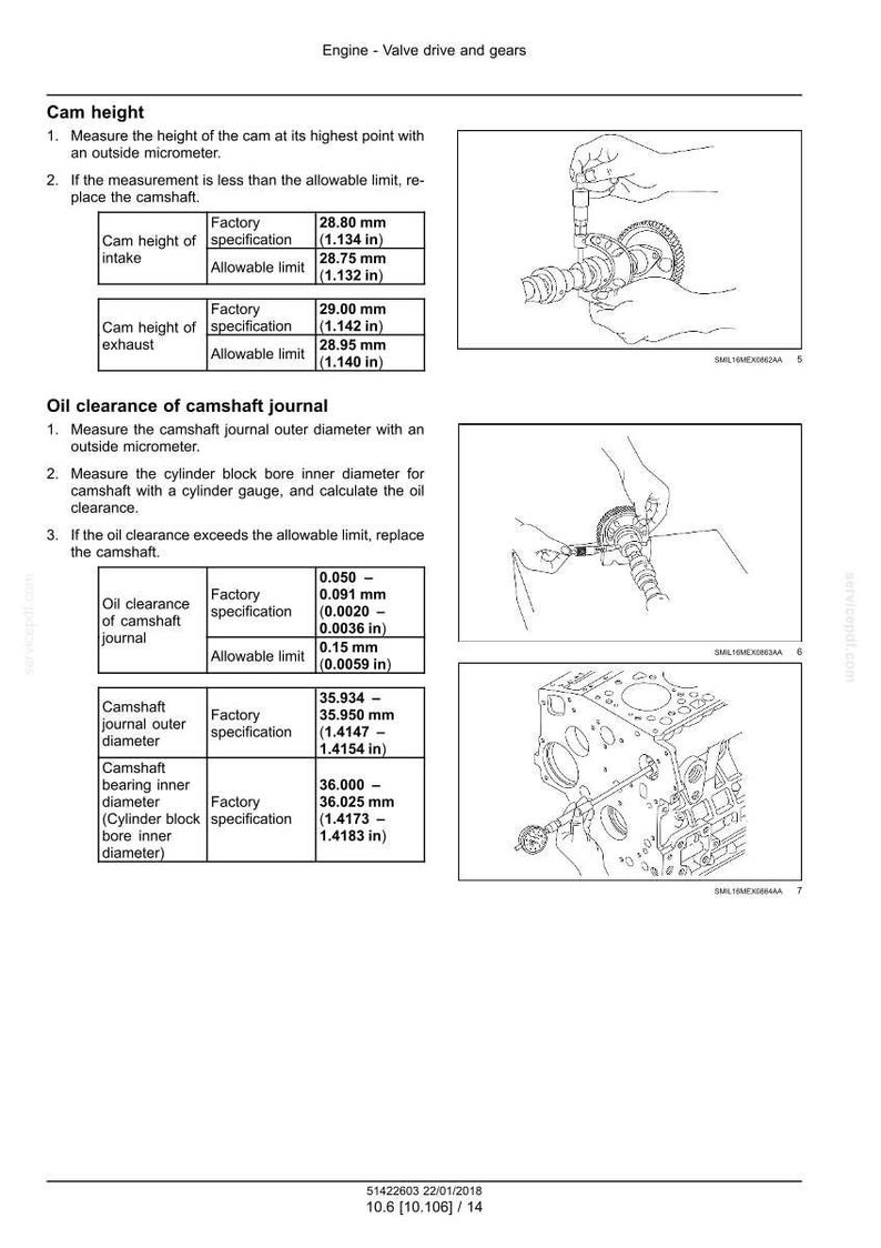May include: Diagram of engine valve drive and gears, with measurements in inches. Includes specifications for cam height, oil clearance, and camshaft journal outer diameter. Illustrations show measurement procedures using micrometers and gauges.