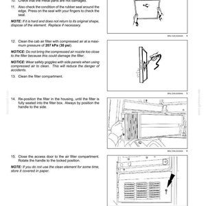 May include: Diagrams illustrating maintenance steps for a vehicle's air filter. Instructions include checking for damage, cleaning the filter, and closing the access door. The text provides safety notes and pressure specifications.