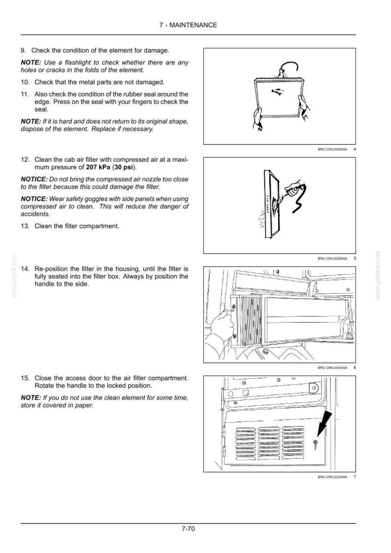 May include: Diagrams illustrating maintenance steps for a vehicle's air filter. Instructions include checking for damage, cleaning the filter, and closing the access door. The text provides safety notes and pressure specifications.