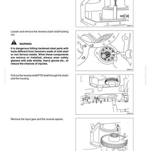 May include: Technical diagram from a manual showing transmission components. Includes illustrations of the reverse clutch, shaft, and gear assembly. Text includes warnings about safety precautions and instructions for maintenance.