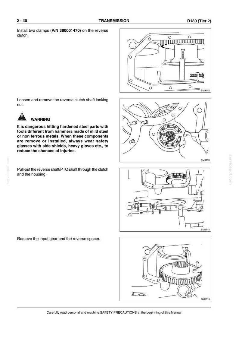 May include: Technical diagram from a manual showing transmission components. Includes illustrations of the reverse clutch, shaft, and gear assembly. Text includes warnings about safety precautions and instructions for maintenance.