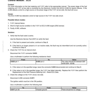 May include: A diagnostic document detailing fault codes for an electrical system. The text describes troubleshooting steps for a fuel metering unit shorted to battery voltage. Includes instructions for using a multimeter and checking voltage.