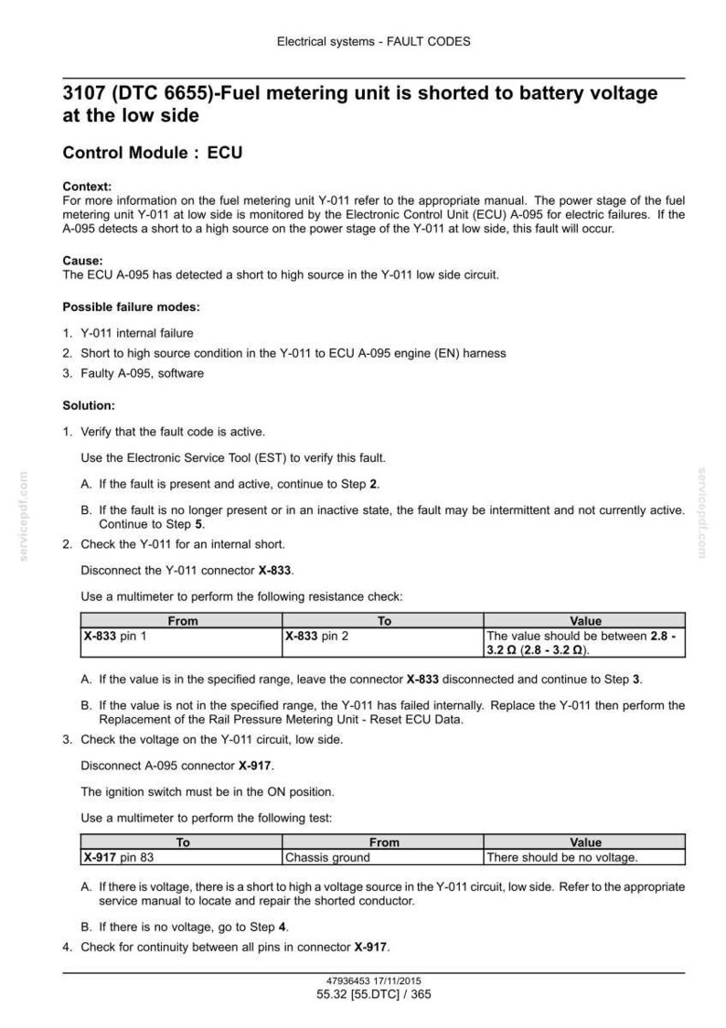 May include: A diagnostic document detailing fault codes for an electrical system. The text describes troubleshooting steps for a fuel metering unit shorted to battery voltage. Includes instructions for using a multimeter and checking voltage.