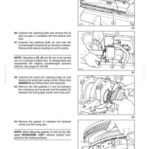 K&ouml;nnte beinhalten: Diagramme aus einem Handbuch zur Motordemontage. Die Bilder zeigen verschiedene Motorkomponenten, darunter Schrauben, Dichtungen und Geh&auml;use. Textanweisungen begleiten die Illustrationen und f&uuml;hren den Benutzer durch den Prozess.