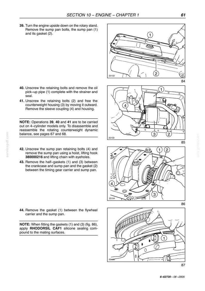 K&ouml;nnte beinhalten: Diagramme aus einem Handbuch zur Motordemontage. Die Bilder zeigen verschiedene Motorkomponenten, darunter Schrauben, Dichtungen und Geh&auml;use. Textanweisungen begleiten die Illustrationen und f&uuml;hren den Benutzer durch den Prozess.