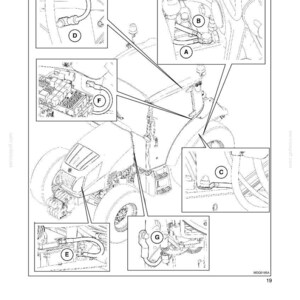 K&ouml;nnte beinhalten: Ein technisches Diagramm mit dem Titel SECTION 55 - ELECTRICAL SYSTEM - CHAPTER 5, GROUND POINTS IDENTIFICATION. Es zeigt eine Strichzeichnung eines Traktors mit Beschriftungen von A bis G, die spezifische elektrische Masseanschlusspunkte darstellen.