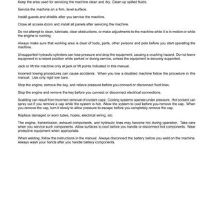 May include: A white document with black text outlining general maintenance safety rules. It covers cleaning, servicing, and safe operation of machinery. Text includes warnings about hydraulic cylinders, towing, and hot components.
