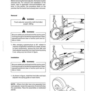 May include: Technical diagram illustrating the removal and installation of a track adjuster with a front idler. The diagram includes warnings, weight specifications (390 kg, 214 kg, 176 kg), and step-by-step instructions for the process.