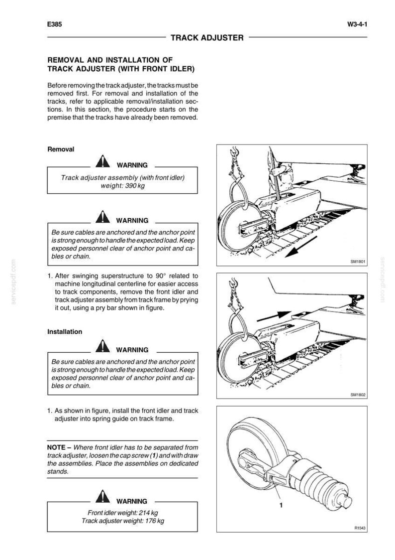 May include: Technical diagram illustrating the removal and installation of a track adjuster with a front idler. The diagram includes warnings, weight specifications (390 kg, 214 kg, 176 kg), and step-by-step instructions for the process.