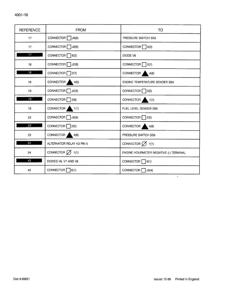 May include: A detailed technical diagram with a table listing electrical connectors, their references, and corresponding components. The diagram includes references to pressure switches, diodes, and engine components. The document is labeled "4001-18".