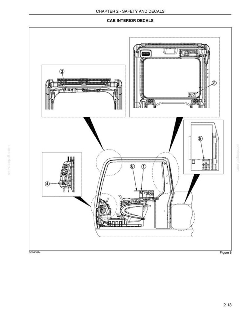May include: Diagram of a cab interior, showing various components and decals. The image includes detailed illustrations of the cab's structure, control panels, and safety features. Text at the top reads "Chapter 2 - Safety and Decals, Cab Interior Decals."
