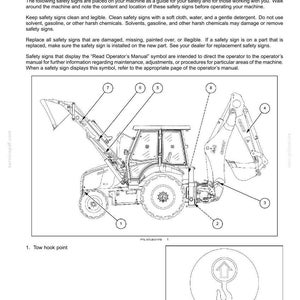 May include: Diagram of a backhoe loader with numbered safety points and a tow hook point. The image includes text about safety decals and their importance for machine operation and maintenance.