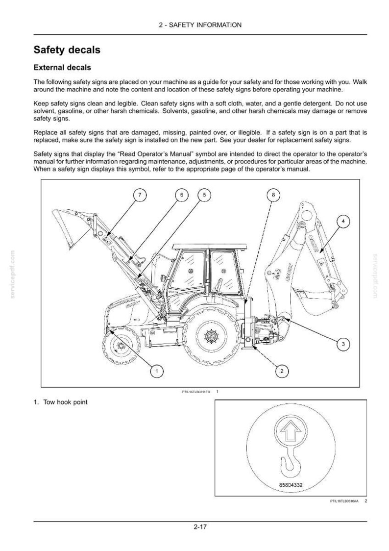 May include: Diagram of a backhoe loader with numbered safety points and a tow hook point. The image includes text about safety decals and their importance for machine operation and maintenance.