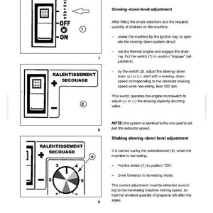 May include: Diagram of machine control panel with text and symbols. Includes a power switch labeled "OFF" and "ON", a switch with "RALENTISSEMENT SECOUAGE" text, and a dial with numbers. Section 88 - Accessories - Chapter 1.
