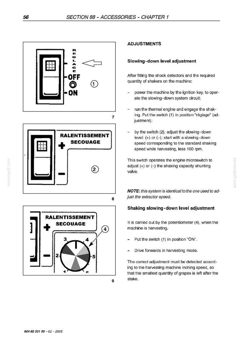 May include: Diagram of machine control panel with text and symbols. Includes a power switch labeled "OFF" and "ON", a switch with "RALENTISSEMENT SECOUAGE" text, and a dial with numbers. Section 88 - Accessories - Chapter 1.