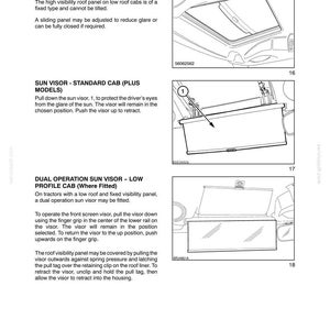 May include: A technical manual page titled Section 2 - Controls, Instruments, and Operation. It features three black and white line drawings illustrating a high visibility roof panel, a standard cab sun visor, and a dual operation sun visor.