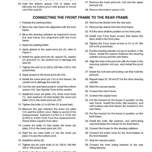 May include: A detailed technical diagram with numbered steps for connecting a front frame to a rear frame. Instructions include applying grease, installing bolts, and connecting hoses. The document is printed in the USA.