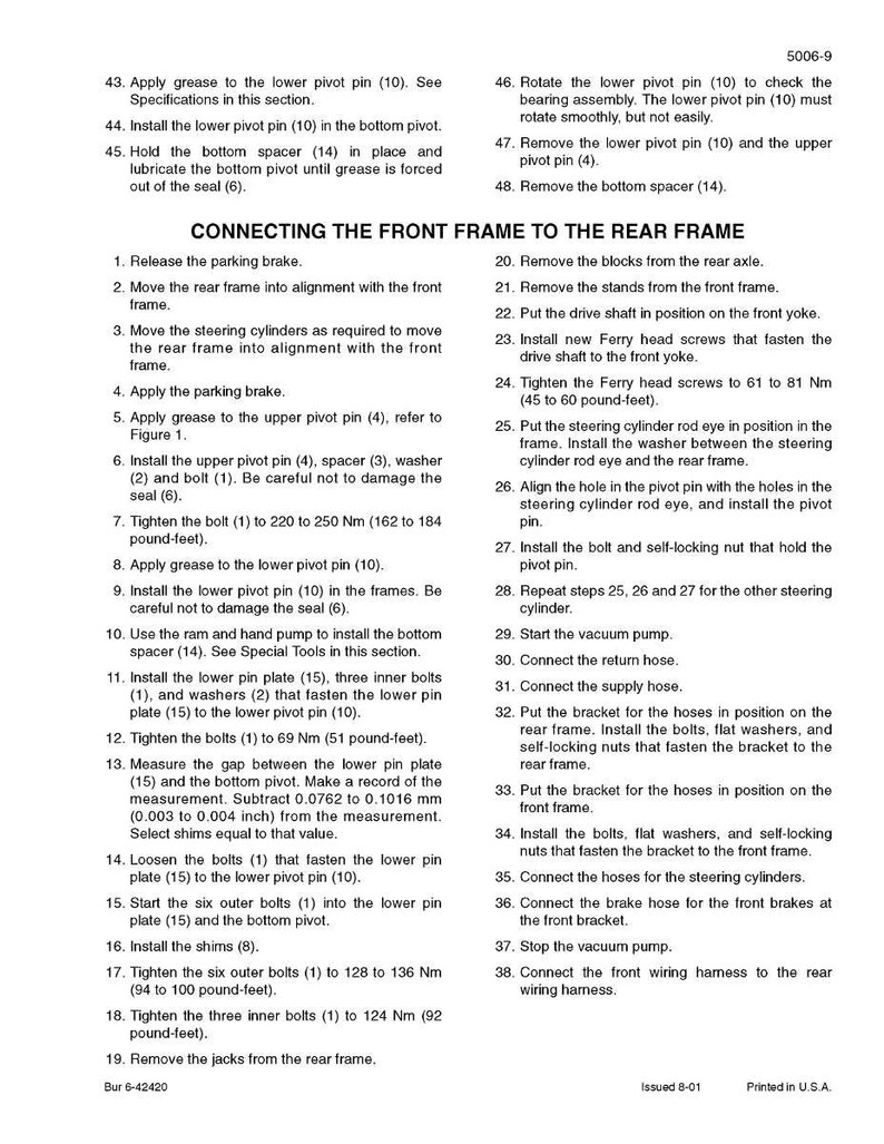 May include: A detailed technical diagram with numbered steps for connecting a front frame to a rear frame. Instructions include applying grease, installing bolts, and connecting hoses. The document is printed in the USA.