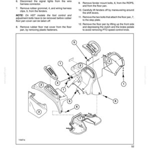 May include: A technical diagram titled SECTION 90 - PLATFORM - CHAPTER 1, illustrating the disassembly of tractor fender and floor pan components. The black and white line drawing features numbered parts, arrows, and instructional text for maintenance.