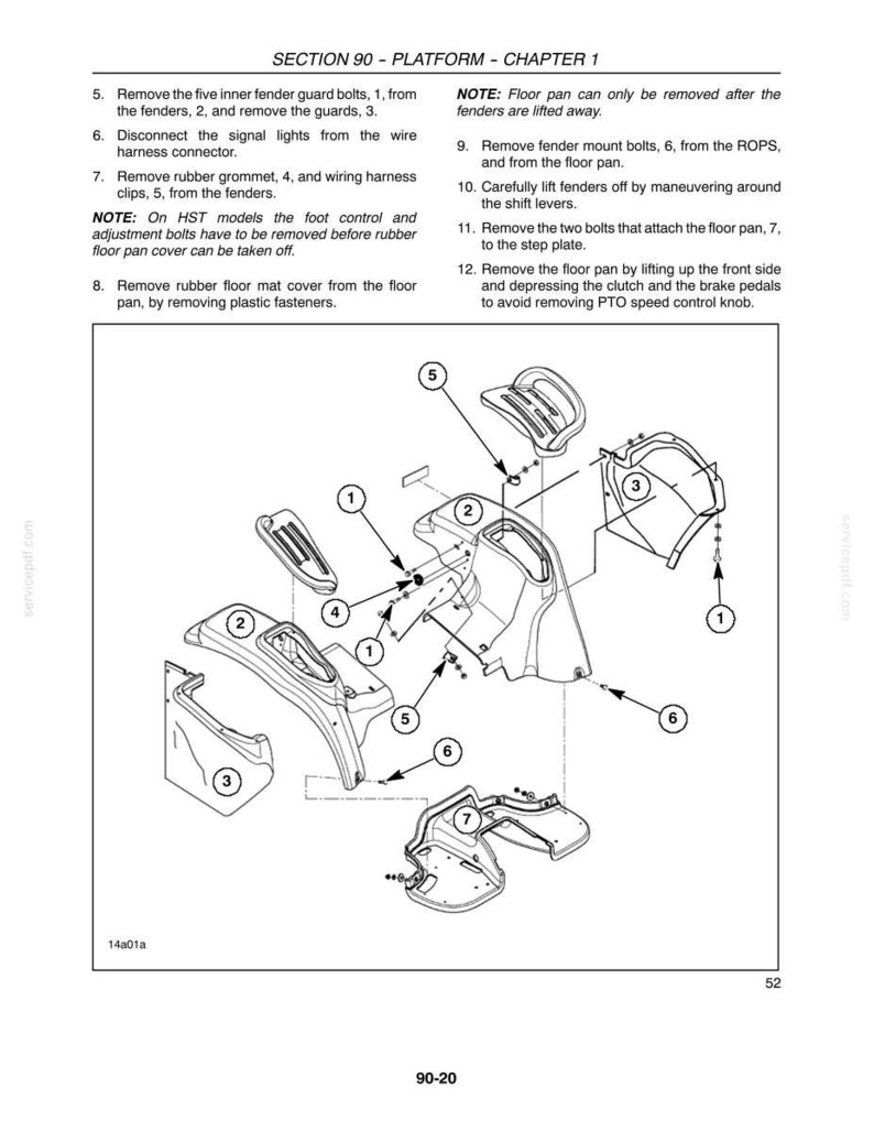 May include: A technical diagram titled SECTION 90 - PLATFORM - CHAPTER 1, illustrating the disassembly of tractor fender and floor pan components. The black and white line drawing features numbered parts, arrows, and instructional text for maintenance.