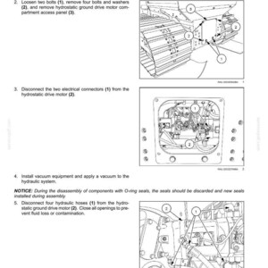 May include: Diagrams and instructions for removing a hydrostatic drive motor. The image shows detailed illustrations with numbered components, including bolts, washers, connectors, and hoses. Text explains the steps for disassembly.
