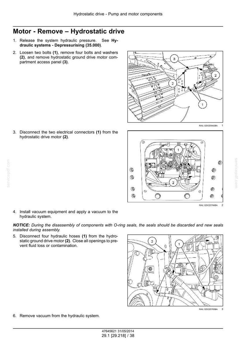 May include: Diagrams and instructions for removing a hydrostatic drive motor. The image shows detailed illustrations with numbered components, including bolts, washers, connectors, and hoses. Text explains the steps for disassembly.