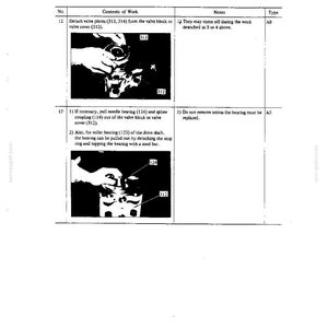 Op de afbeelding: Een pagina uit een technisch handboek met twee zwart-wit instructiefoto's. De eerste toont het losmaken van klepplaten 313 en 314 van klepdeksel 312. De tweede toont het uittrekken van naaldlager 124 uit het kleppenblok of klepdeksel 312.