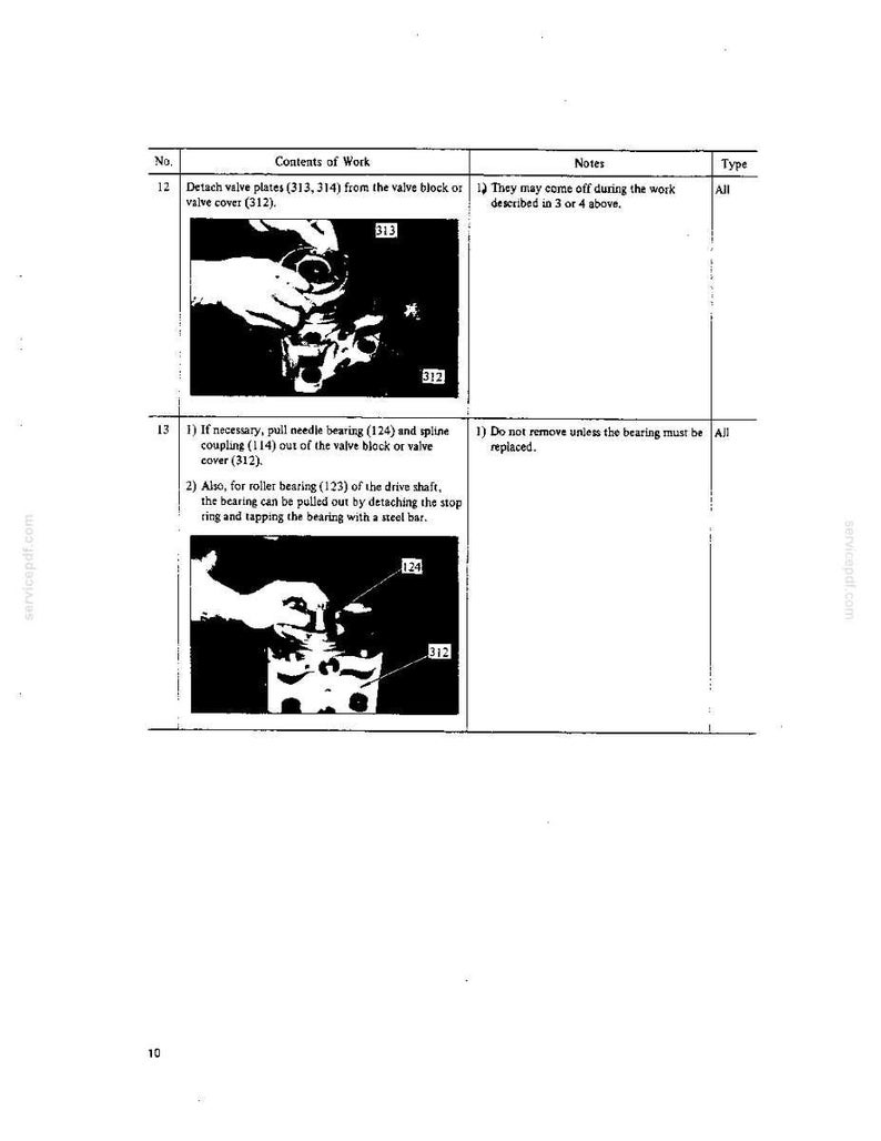 Op de afbeelding: Een pagina uit een technisch handboek met twee zwart-wit instructiefoto's. De eerste toont het losmaken van klepplaten 313 en 314 van klepdeksel 312. De tweede toont het uittrekken van naaldlager 124 uit het kleppenblok of klepdeksel 312.