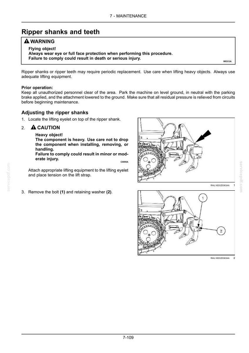 May include: A maintenance manual page detailing ripper shanks and teeth. Includes warnings about flying objects and heavy components. Diagrams show adjusting the ripper shanks, including removing a bolt and retaining washer.