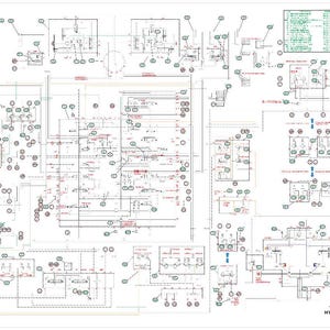 May include: A detailed hydraulic schematic for a CX250C excavator, featuring numerous interconnected components, lines, and labels. The diagram is predominantly black and white with red and green accents, and includes a legend and text at the bottom.
