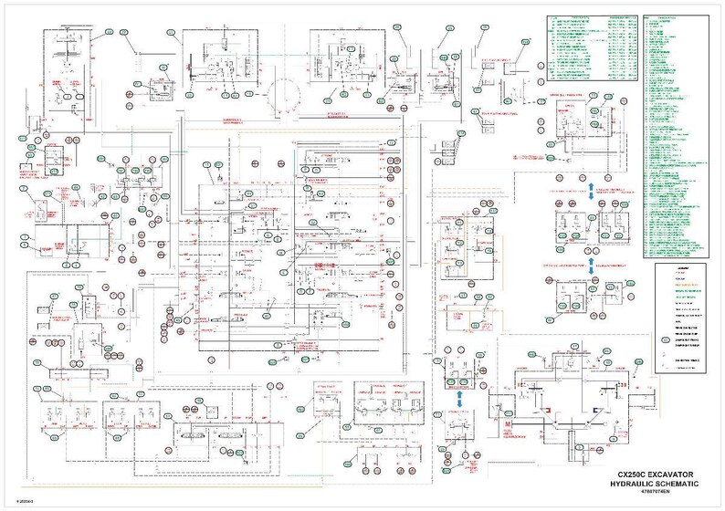 May include: A detailed hydraulic schematic for a CX250C excavator, featuring numerous interconnected components, lines, and labels. The diagram is predominantly black and white with red and green accents, and includes a legend and text at the bottom.
