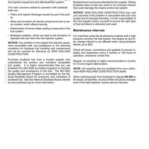May include: A technical document page titled 7-MAINTENANCE containing black text on a white background. It outlines biodiesel fuel usage conditions, maintenance intervals, and notices regarding New Holland Construction equipment warranty requirements.