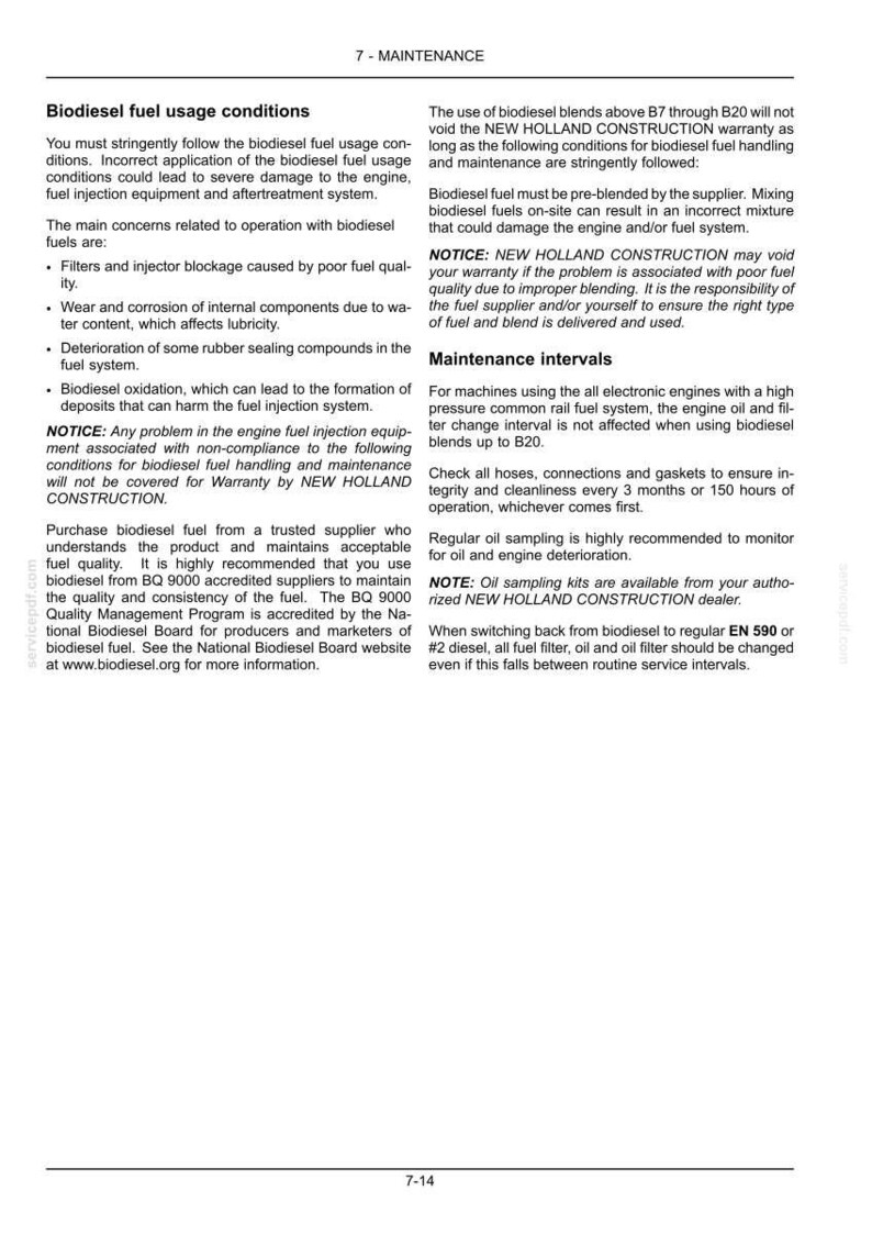 May include: A technical document page titled 7-MAINTENANCE containing black text on a white background. It outlines biodiesel fuel usage conditions, maintenance intervals, and notices regarding New Holland Construction equipment warranty requirements.