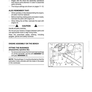 May include: Page from a technical manual, Section 10, Engine Chapter 1. Includes general notes, a caution, and instructions for fitting bushings. A diagram illustrates the engine assembly with numbered parts and labels.