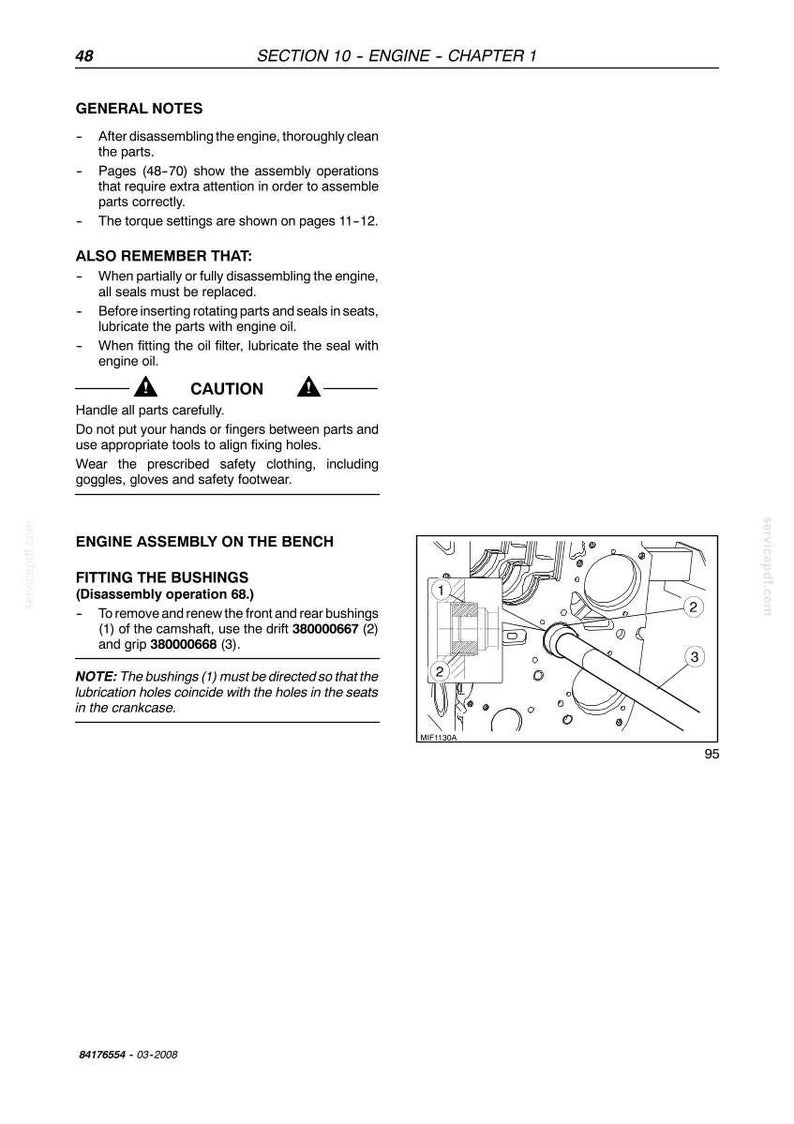 May include: Page from a technical manual, Section 10, Engine Chapter 1. Includes general notes, a caution, and instructions for fitting bushings. A diagram illustrates the engine assembly with numbered parts and labels.