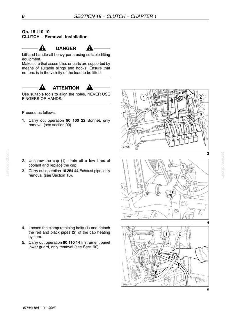 May include: Page from a technical manual detailing clutch removal and installation procedures. The page includes diagrams, numbered steps, and safety warnings. The text is in English, with measurements in liters.