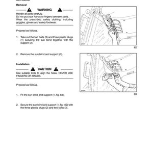 May include: Diagram from a manual showing the removal and installation of a sun blind. The text includes warnings about handling parts and using tools. Illustrations show the process with numbered components.