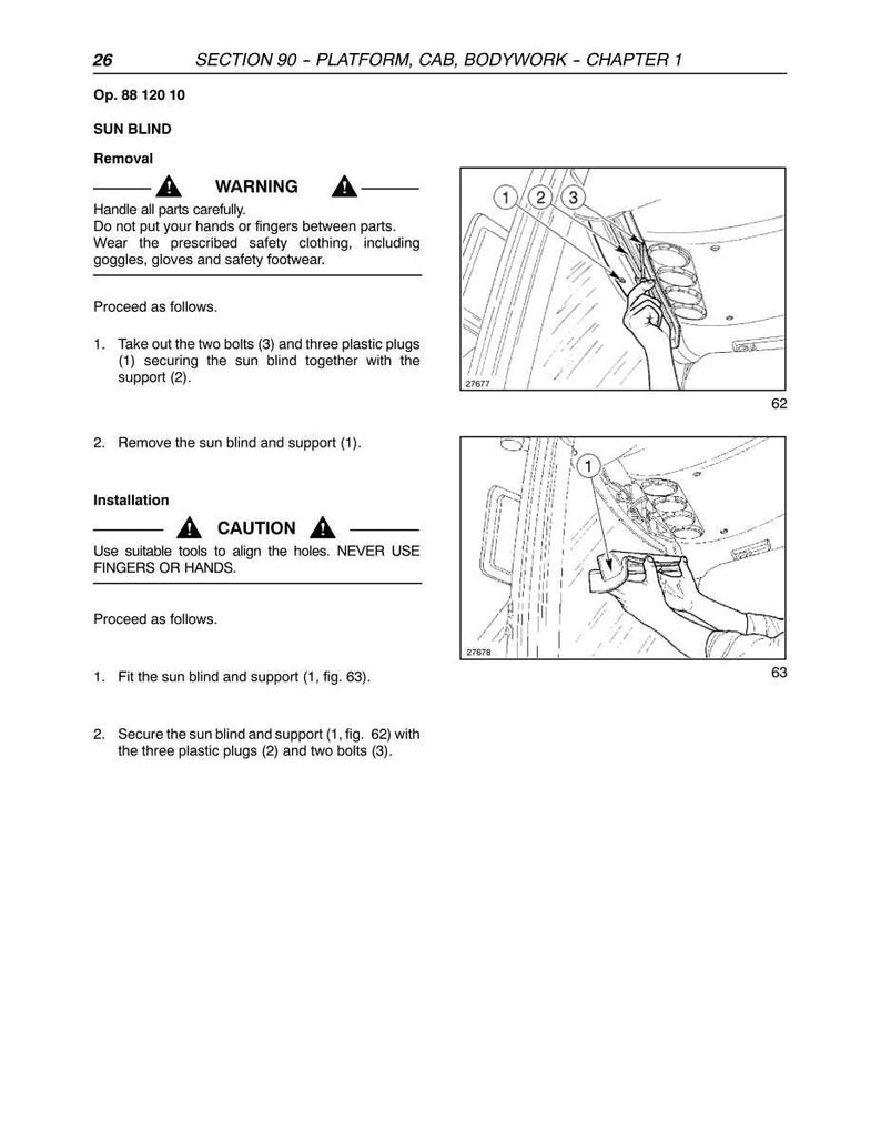 May include: Diagram from a manual showing the removal and installation of a sun blind. The text includes warnings about handling parts and using tools. Illustrations show the process with numbered components.