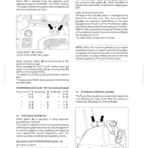 May include: A technical manual page for DC150 LGP Power Steering featuring two diagrams of control panels with arrows pointing to specific buttons labeled AUTO SHIFT AS and AUTO KICK DOWN AL, accompanied by detailed text explaining gear inversion logic.