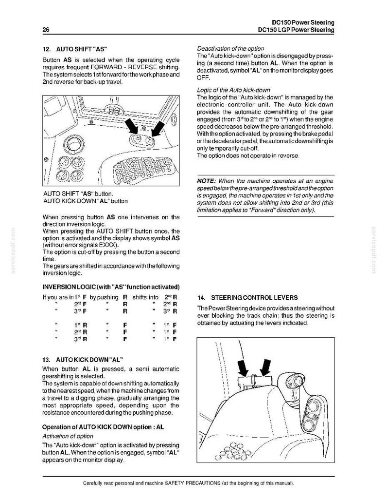 May include: A technical manual page for DC150 LGP Power Steering featuring two diagrams of control panels with arrows pointing to specific buttons labeled AUTO SHIFT AS and AUTO KICK DOWN AL, accompanied by detailed text explaining gear inversion logic.