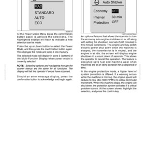 May include: A technical manual page titled 4005-13 displaying two digital interface menus. The left menu shows Power Mode options: MAX, STANDARD, AUTO, and ECO. The right menu shows Auto Shtdwn settings with Economy, Interval, and Protection options.