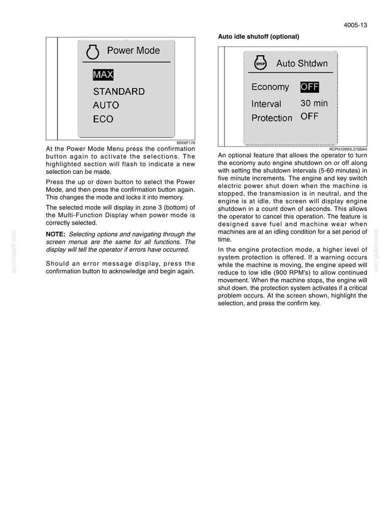 May include: A technical manual page titled 4005-13 displaying two digital interface menus. The left menu shows Power Mode options: MAX, STANDARD, AUTO, and ECO. The right menu shows Auto Shtdwn settings with Economy, Interval, and Protection options.