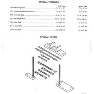 May include: Diagram of special tools and torque specifications for mechanical components. The image includes a detailed illustration of various bolts, brackets, and other hardware, along with torque values in both U.S. and metric units.