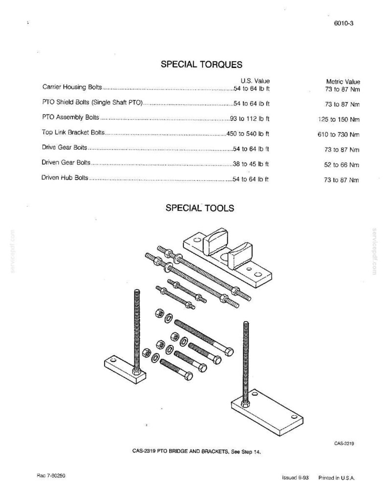 May include: Diagram of special tools and torque specifications for mechanical components. The image includes a detailed illustration of various bolts, brackets, and other hardware, along with torque values in both U.S. and metric units.