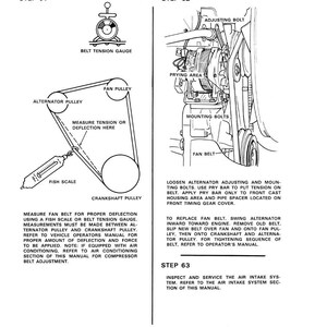 May include: Diagram illustrating the process of adjusting fan belts in a vehicle. The image includes labeled components such as the alternator pulley, fan pulley, and crankshaft pulley, along with a belt tension gauge and fish scale for measurement.