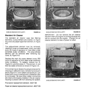 May include: A technical manual page titled MAINTENANCE featuring three black and white photographs labeled Figure 4-5, 4-6, and 4-7. The images show a standard air cleaner assembly with components marked A, B, C, and D, accompanied by text instructions.