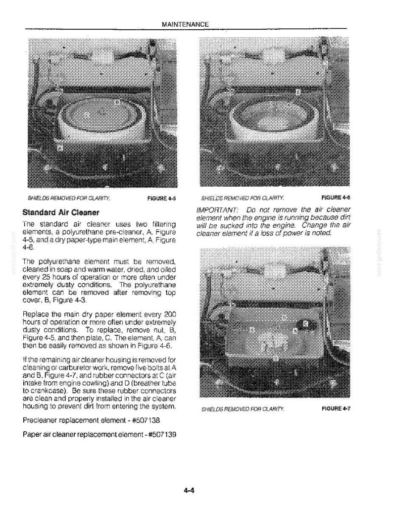 May include: A technical manual page titled MAINTENANCE featuring three black and white photographs labeled Figure 4-5, 4-6, and 4-7. The images show a standard air cleaner assembly with components marked A, B, C, and D, accompanied by text instructions.