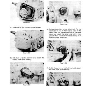 May include: A series of black and white images from a manual, showing steps for assembling a mechanical component. The images include close-ups of parts, with text instructions and figure numbers. The steps involve applying gasket material, installing parts, and tightening screws.